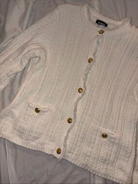 Express Cream Textured Knit Cardigan with Gold Buttons